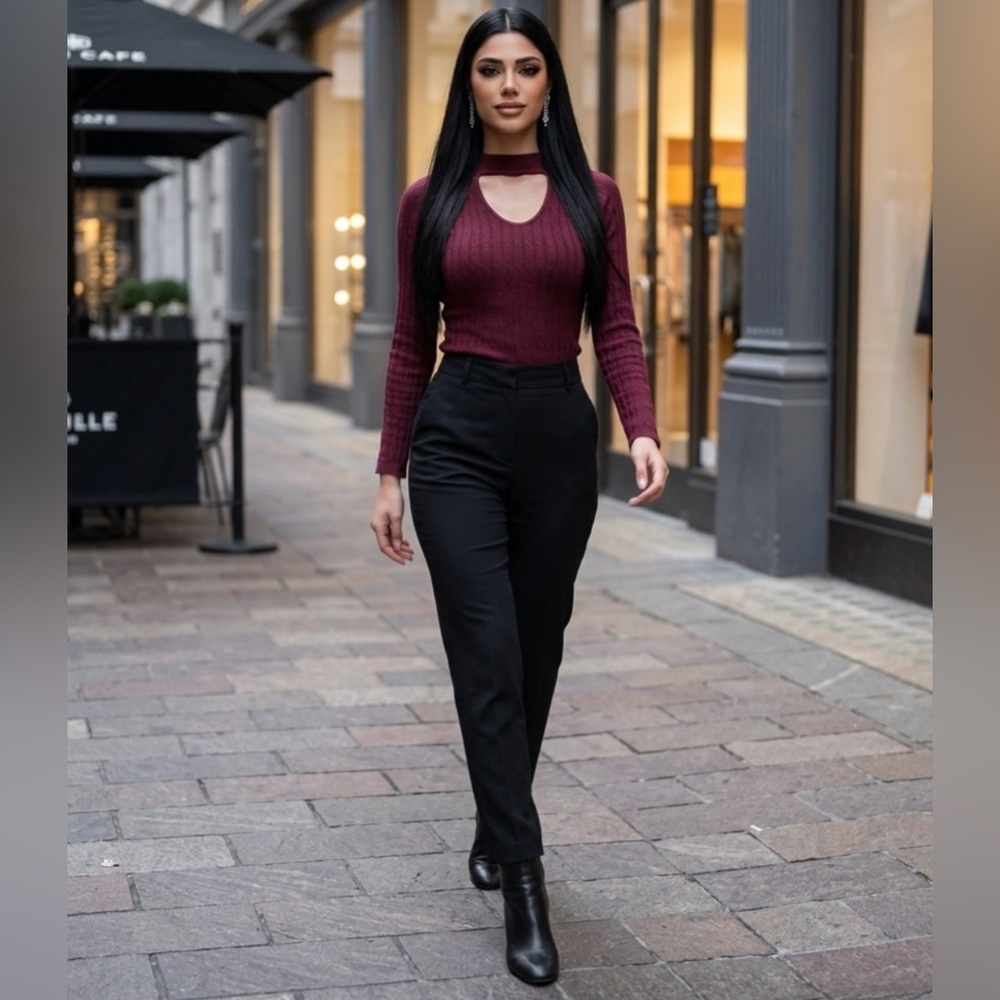 2 for $30 ✅Chic Cutout Ribbed Long-Sleeve Top in Wine - Picture 3 of 16